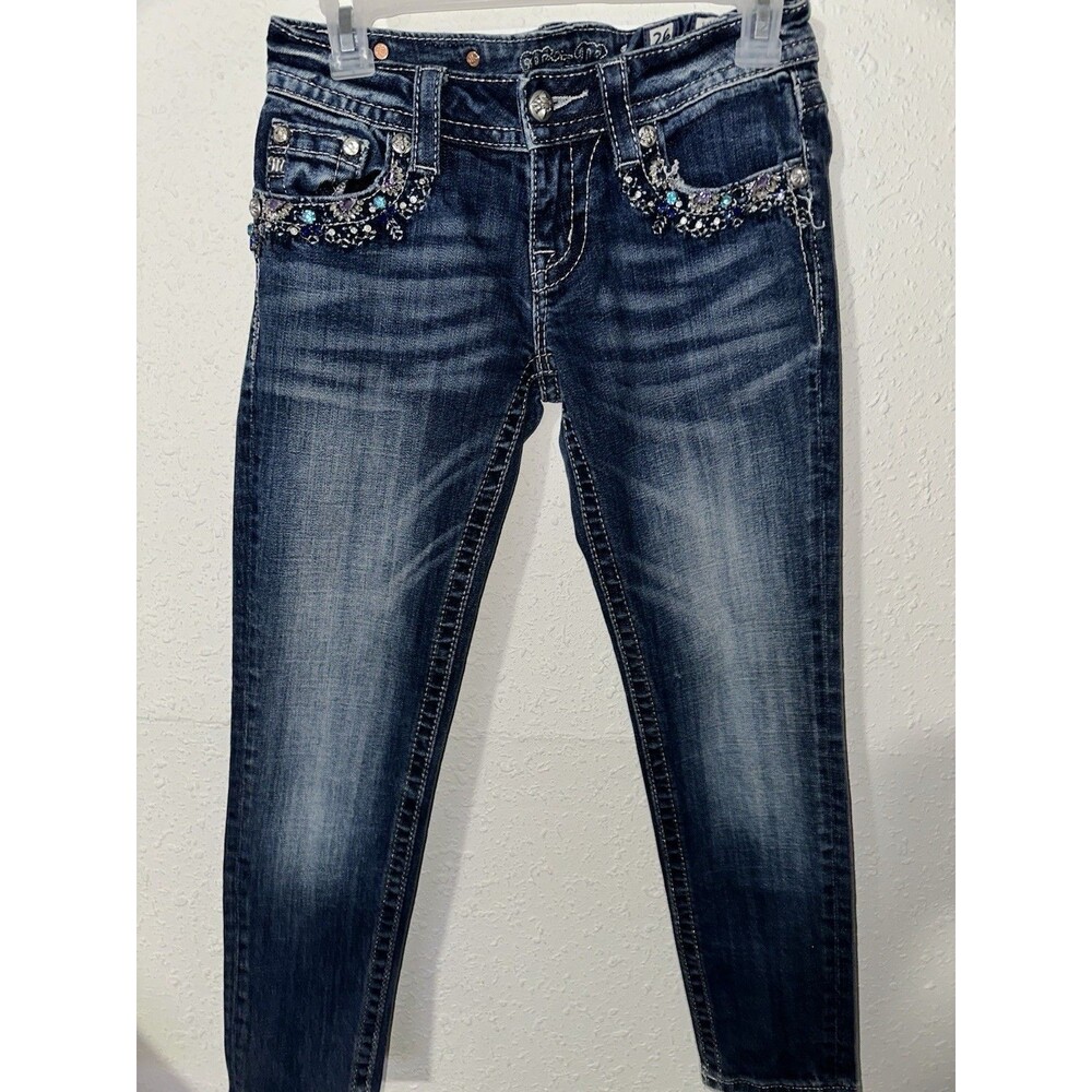 Miss Me Signature Crop Skinny Low Rise Jeans 28x26in Bling Sequin Pocket